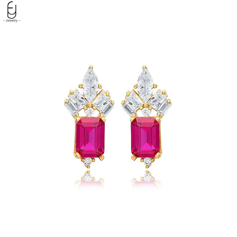 925 Sterling Silver Needle Rose Red Crystal Stud Earrings For Women Water Drop/Heart Pendant Gold Earrings Fashion Jewelry Gifts