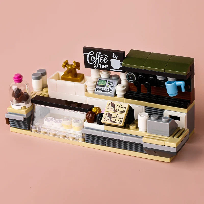 City Creative Coffee Shop Kitchen Dog Car Figures Building Blocks Gas Station Pizza Oven Food MOC Mini Model Bricks Kid Toy Gift