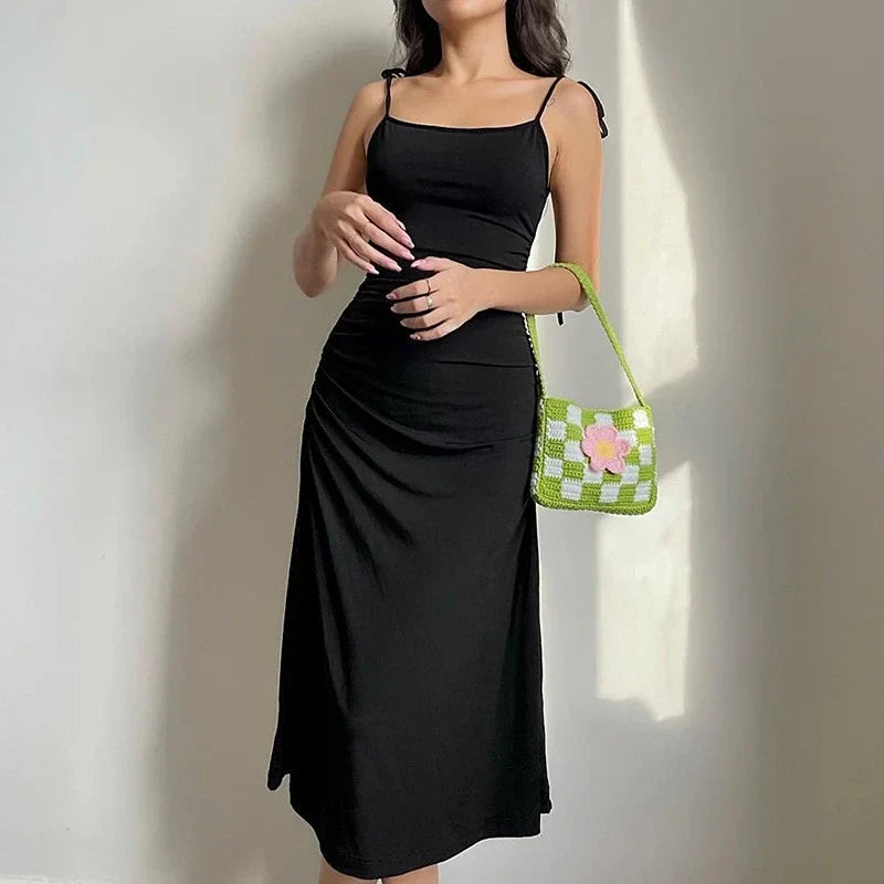 Fashion Strappy Ruched Sexy Black Dress Irregular Elegant Backless Long Dress Party Summer Dresses Women Clothes Vintage Dress