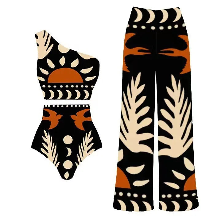2024 Europe and the United States new swimsuit retro printed mesh pants bikini conservative women's swimsuit