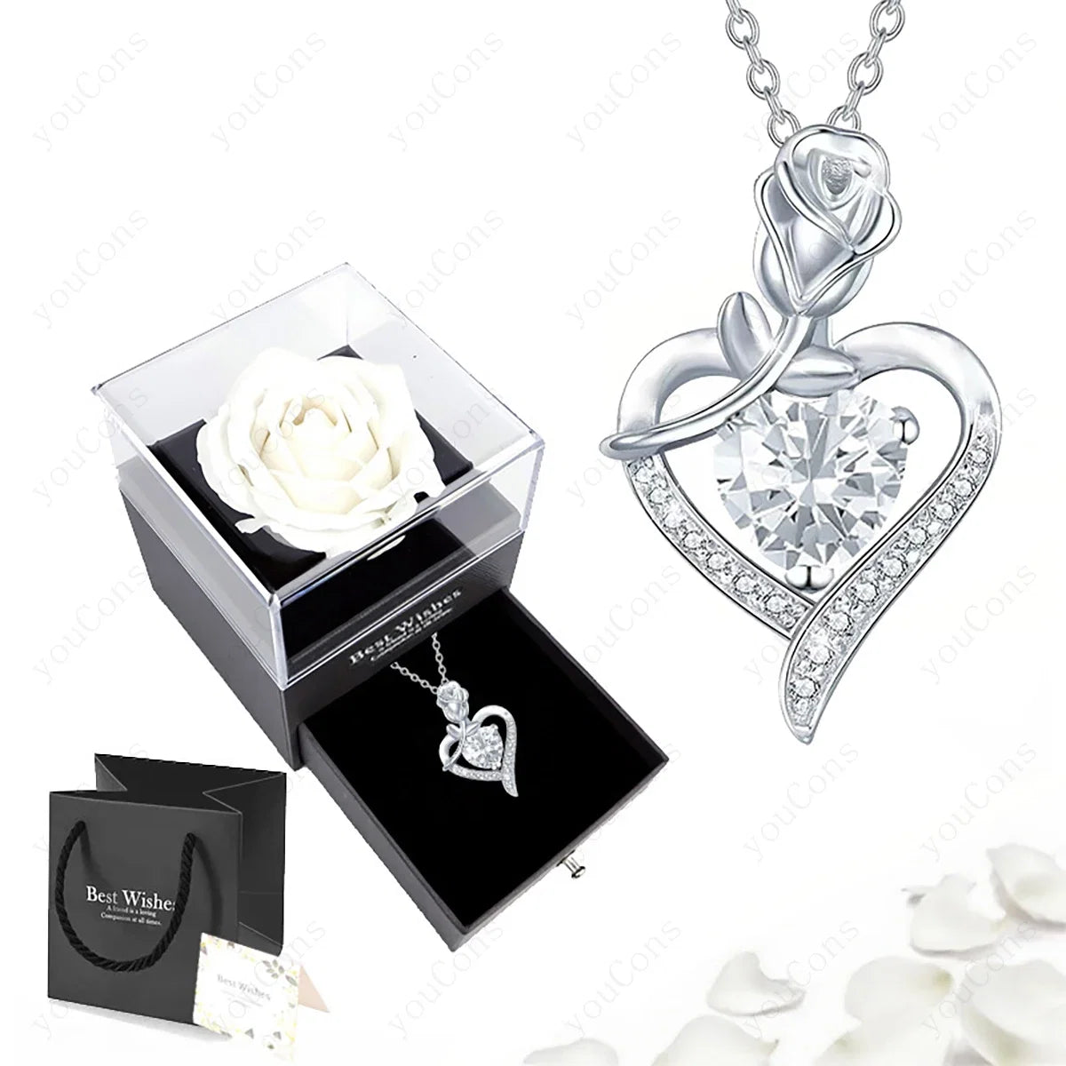 Luxury Red Zircon Heart Necklace With Rose Flower Gift Box For Girlfriend Birthday Valentine Gift  Romantic Accessories