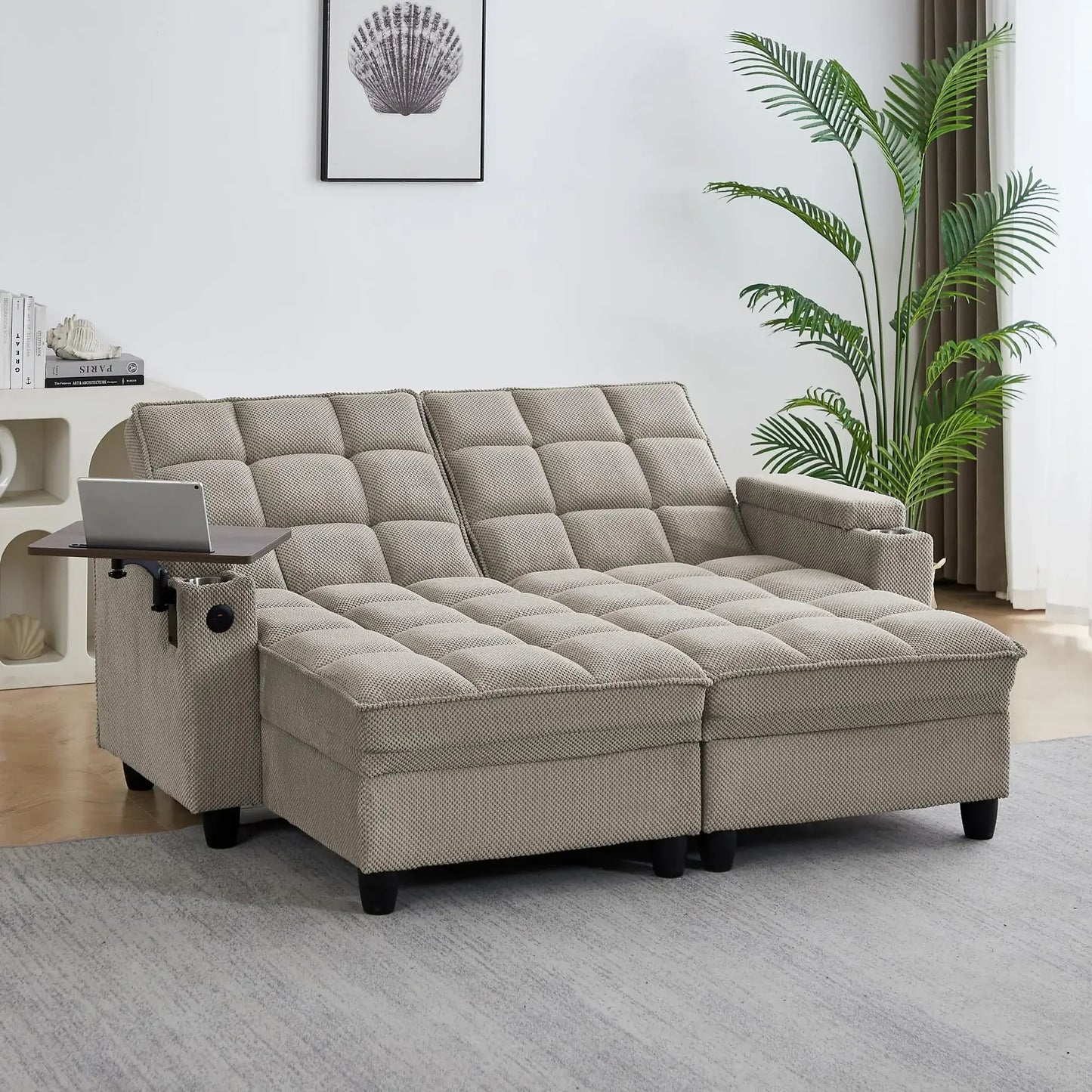 hansones 65'' 3-in-1 Folding Convertible Sofa Bed, Pullout Sofa, Modern Chenille Fabric, 360° Swivel Side Table, Easy Assembly,