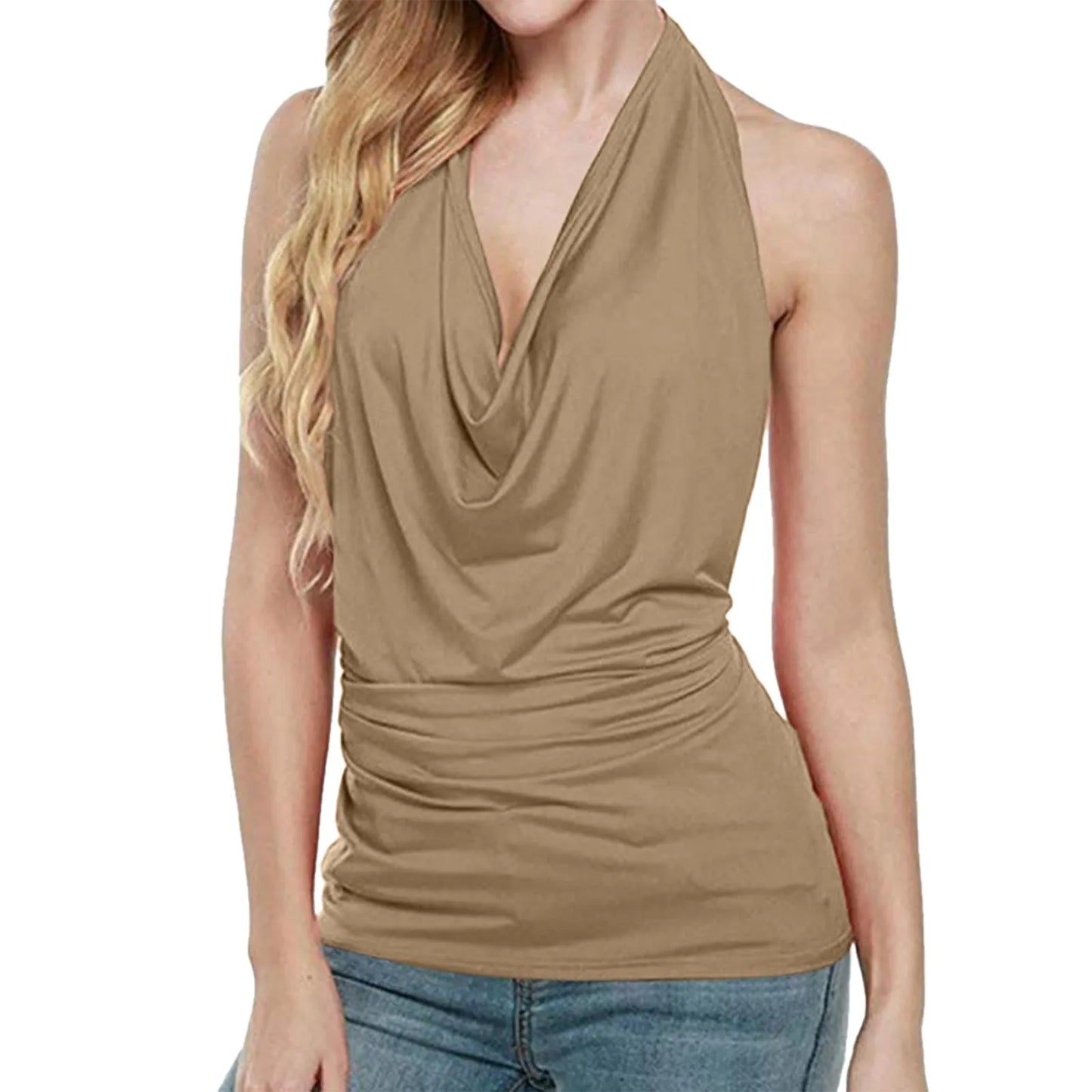 Vintage Tank Top Women Clothes Summer Backless Halter Vest Sexy Drape Cowl V Neck Women's Sleeveless Beachwear Solid Shirt Blusa
