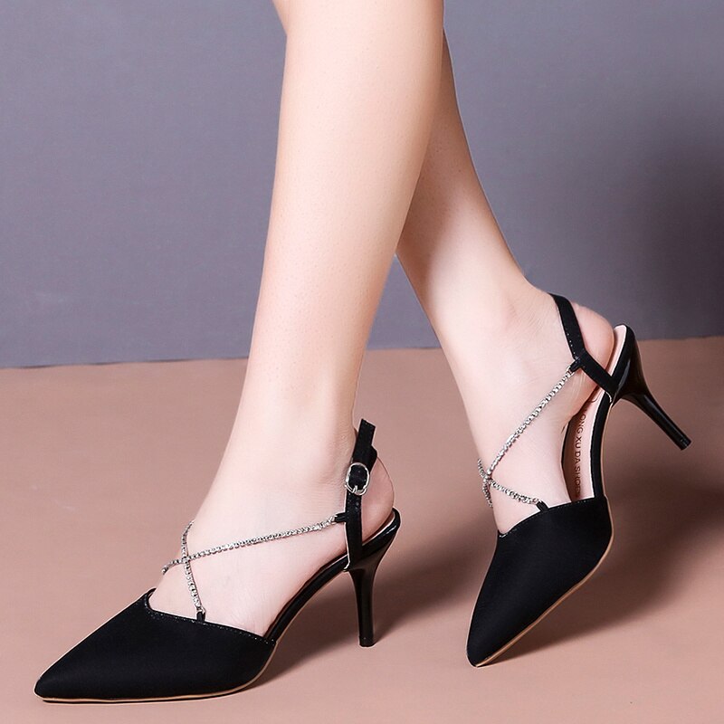 Sexy Rhinestone Buckle Garden Shoes 2022 Summer New Pointed Toe Suede Women's High Heels Fashion Black Party Banquet High Heels