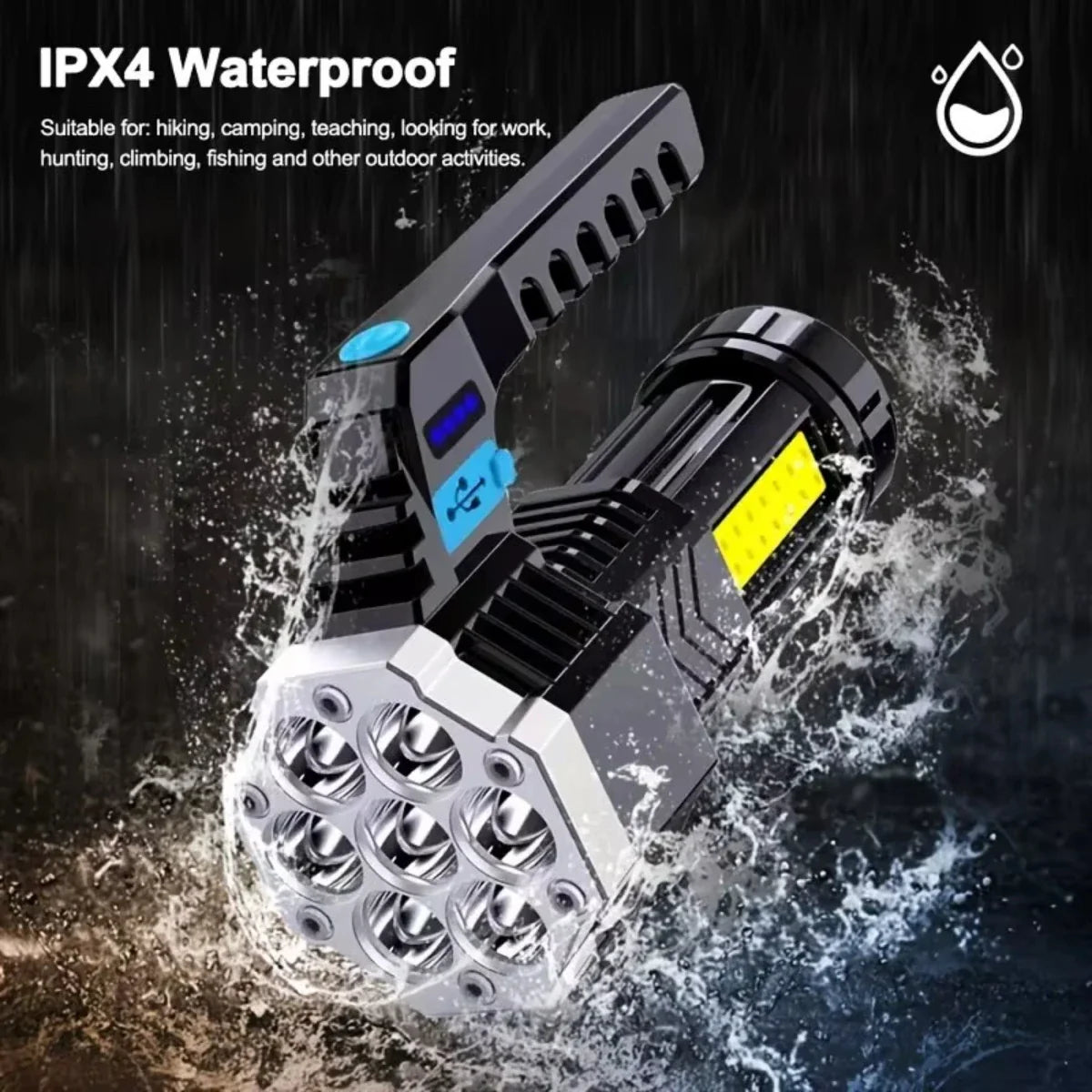 7LED High-Power Flashlight With USB Charging, COB Side Light - Suitable For Fishing, Camping, Hiking.