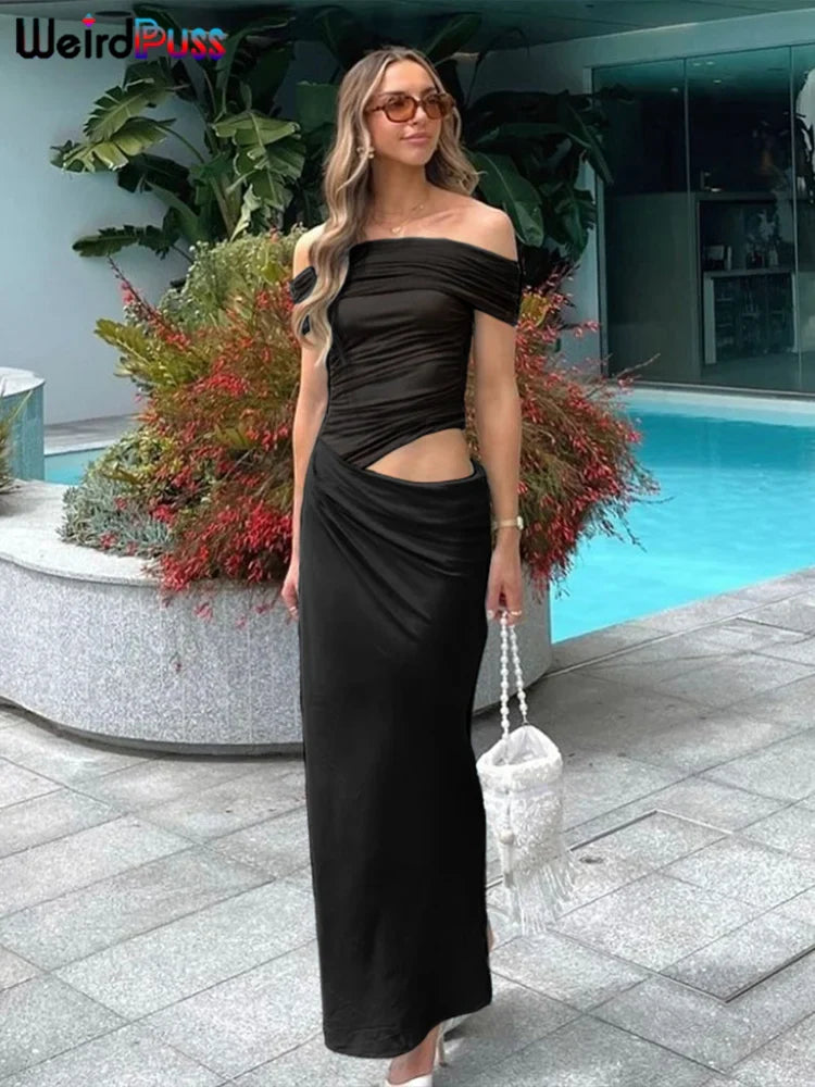 Weird Puss Ruched Irregular Dress Women Mesh Patchwork Slash Neck Short Sleeve Skinny Stretch Trend Elegant Long Bodycon Outfits