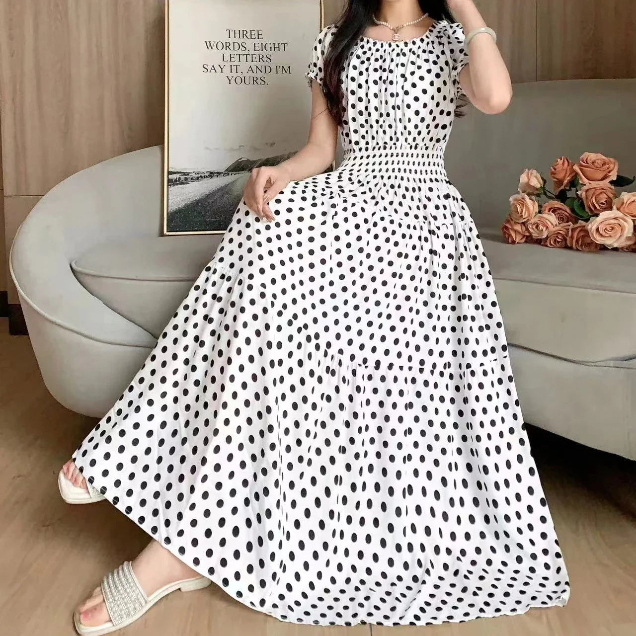 Vintage Bohemian Beach Floral Midi Dress Korean Reviews Many Dress Off Shoulder Elastic Waist Large Swing Women's Elegant Dress