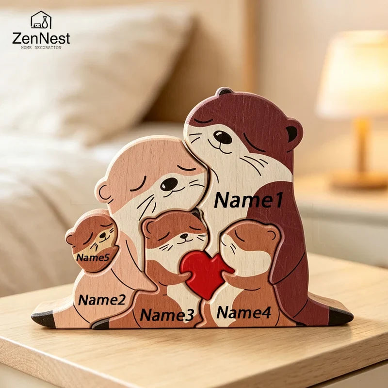 Cute Otter Family Wood Puzzle Ornament Red Heart Tabletop Decor Mother's Day Christmas Birthday Home Office Souvenir Gift
