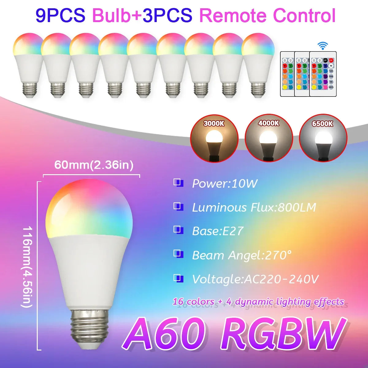 E27 RGB LED Light Bulb 220V 10W with IR Remote Control Color Changing Multicolor + White Lamp Spotlight for Bedroom Party Home