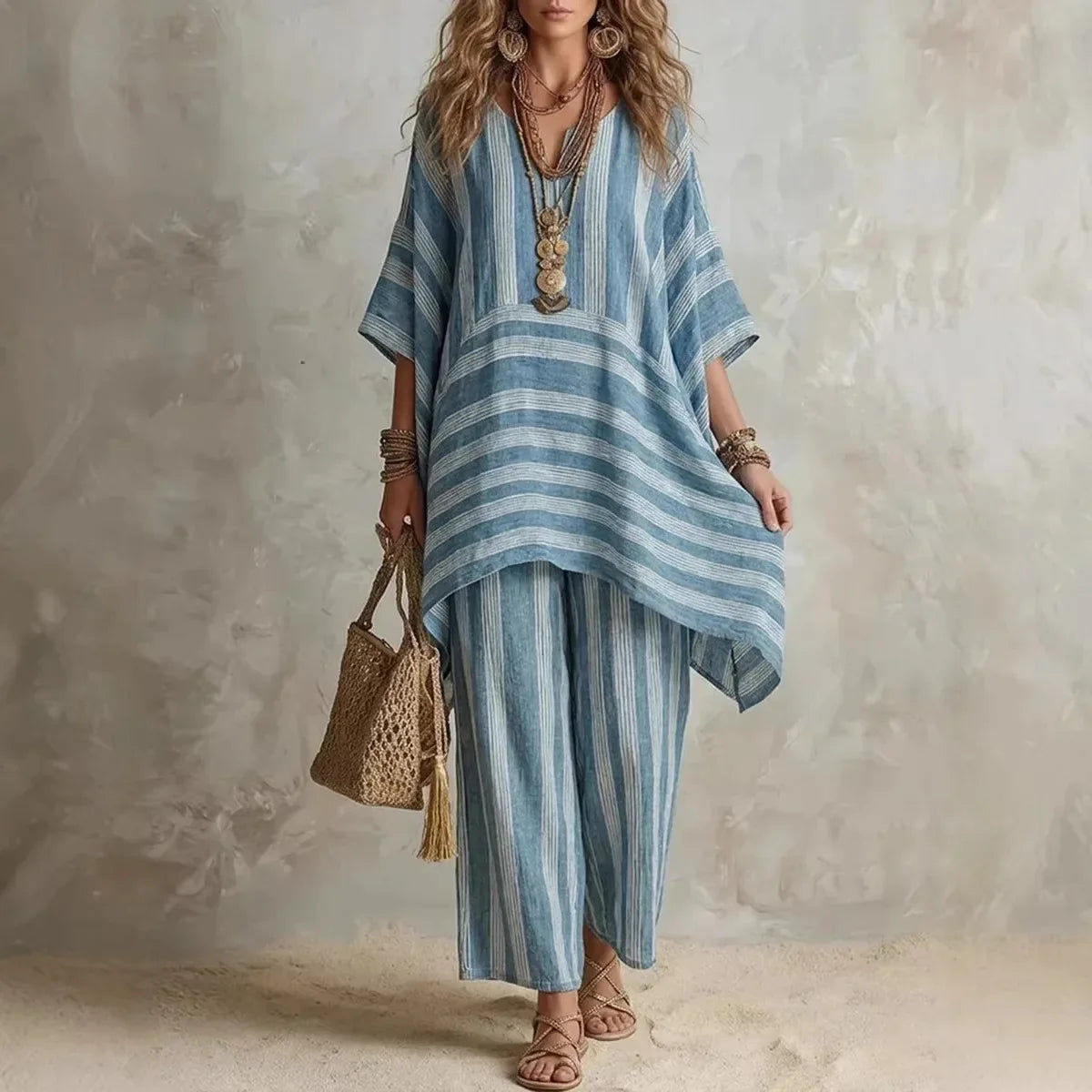 2026 New Women's Two Piece Spring/Summer Fashion V-neck Loose Striped Casual Set