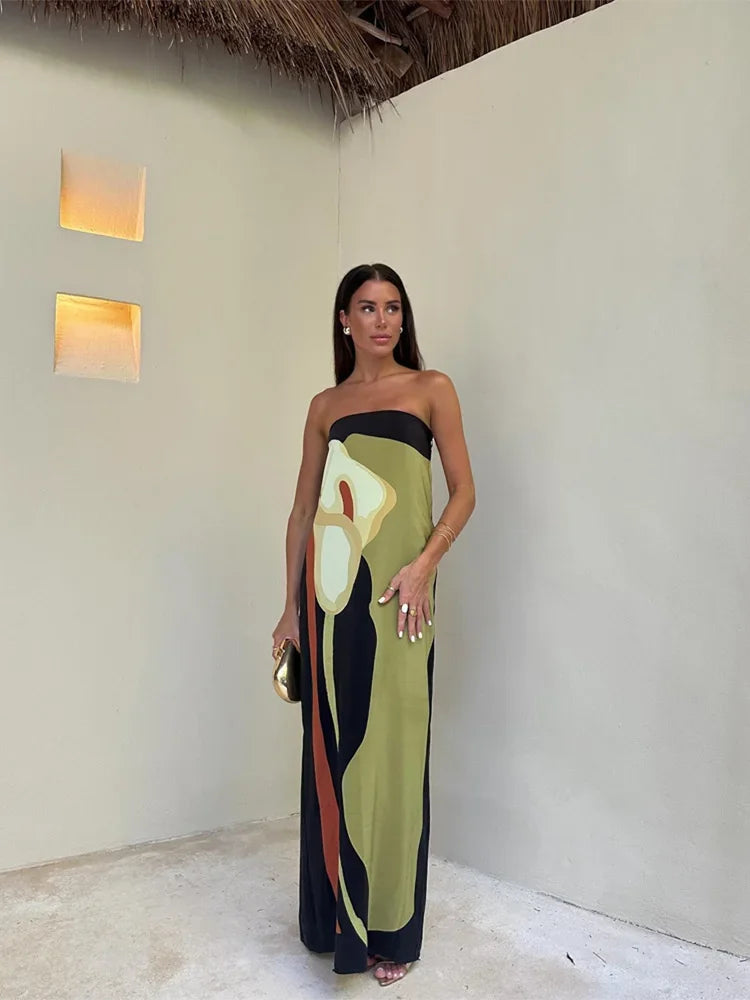 Sexy Strapless Printed Women Maxi Dress Elegant Backless Sleeveless Female Shift Dress 2024 Summer Lady Chic Party Evening Robes