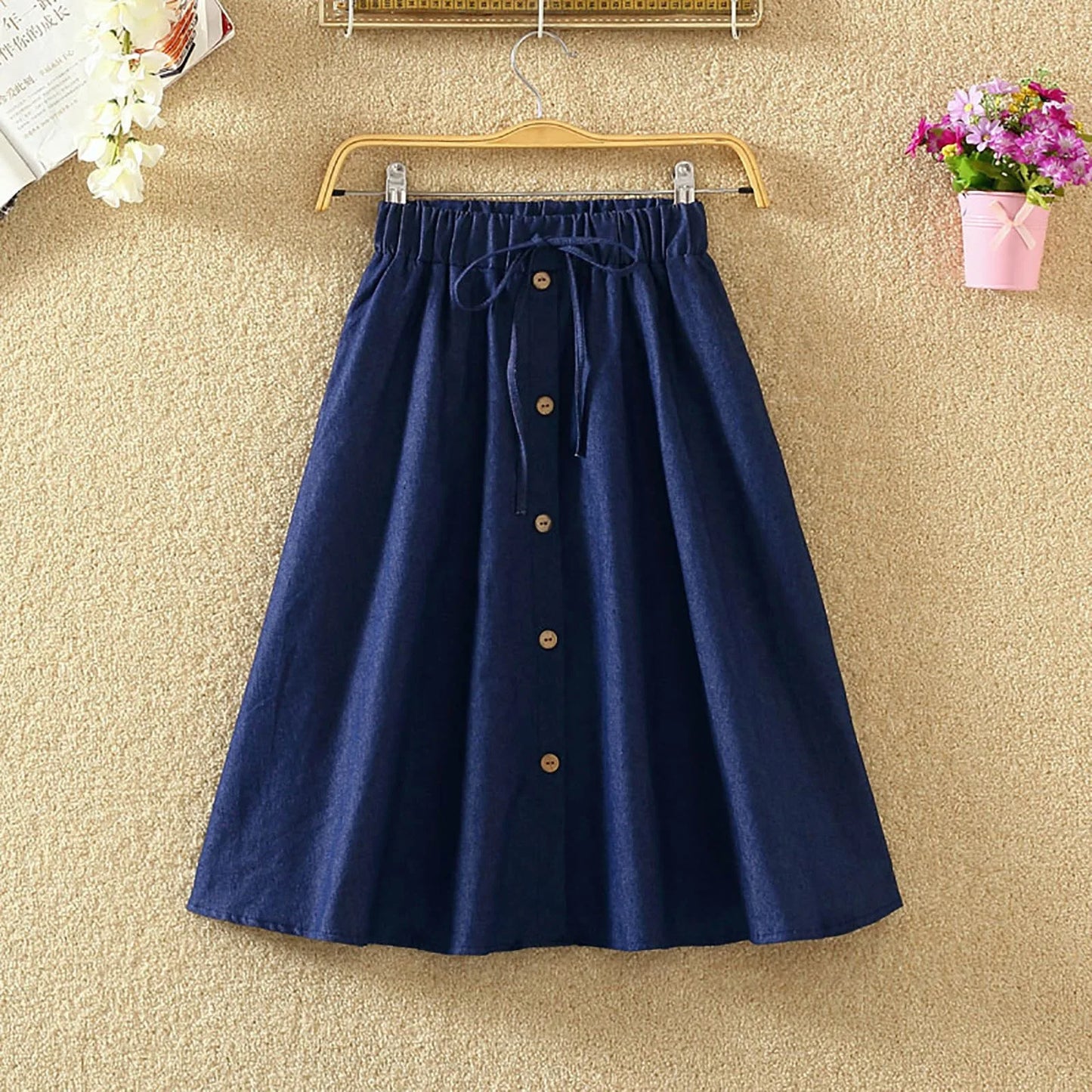 Pleated Skirt Girls Waist Long Denim Skirt Female New Kong Flavor Summer Arts Students Border Ladies Skirts Below Knee Length