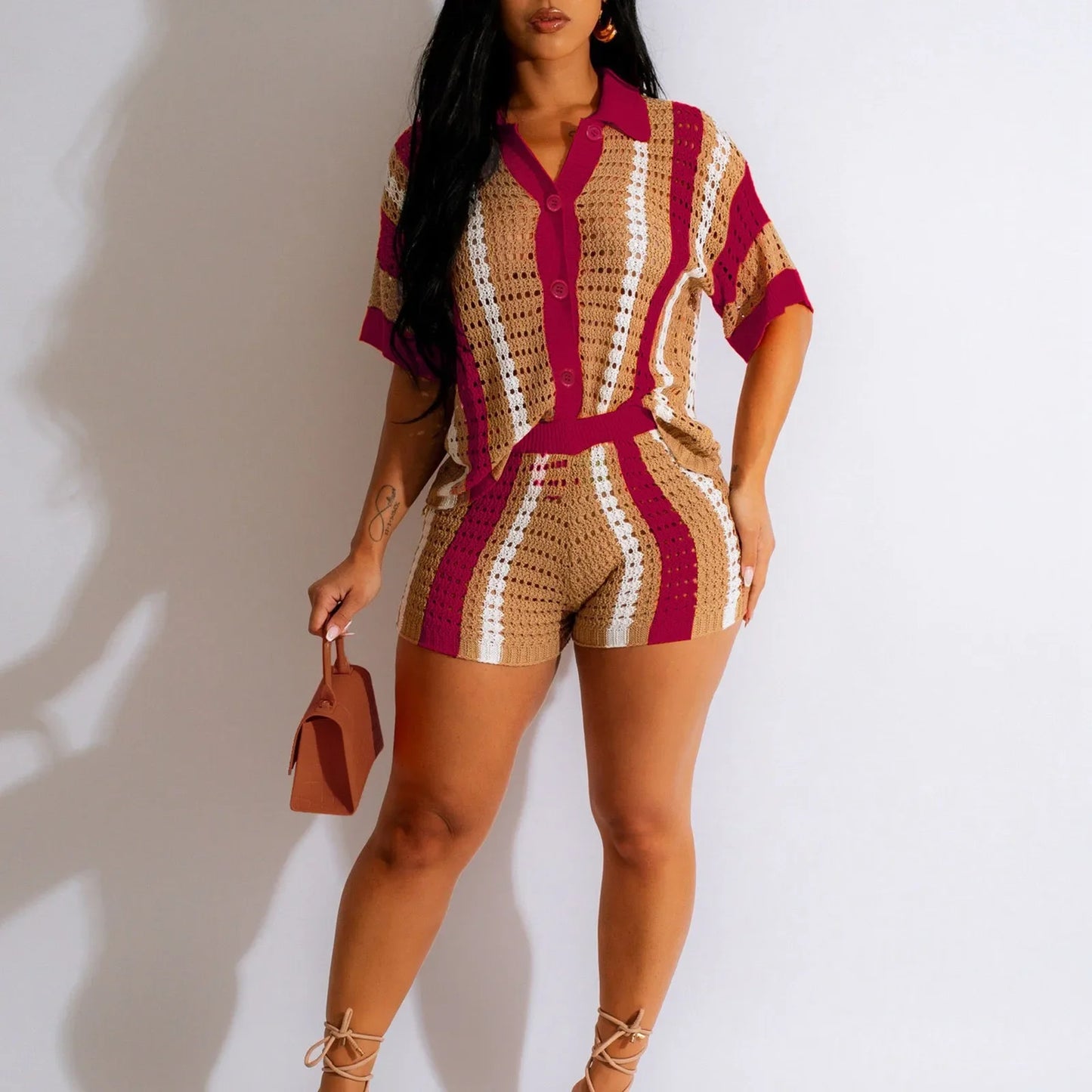 Women Summer Beach Vacation Two 2 Piece Outfits Crochet Sets Causal Knit Short Sleeve Button Down Shirt And Shorts Matching Set