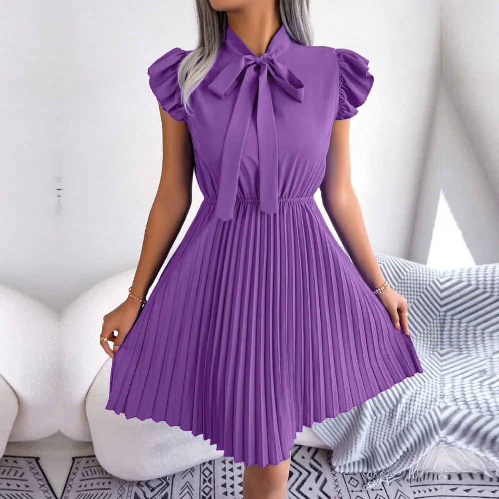 Women Spring Summer Elegant Lace Up High Waist Large Fold Dress Bow Collar Solid Pleated Dresses