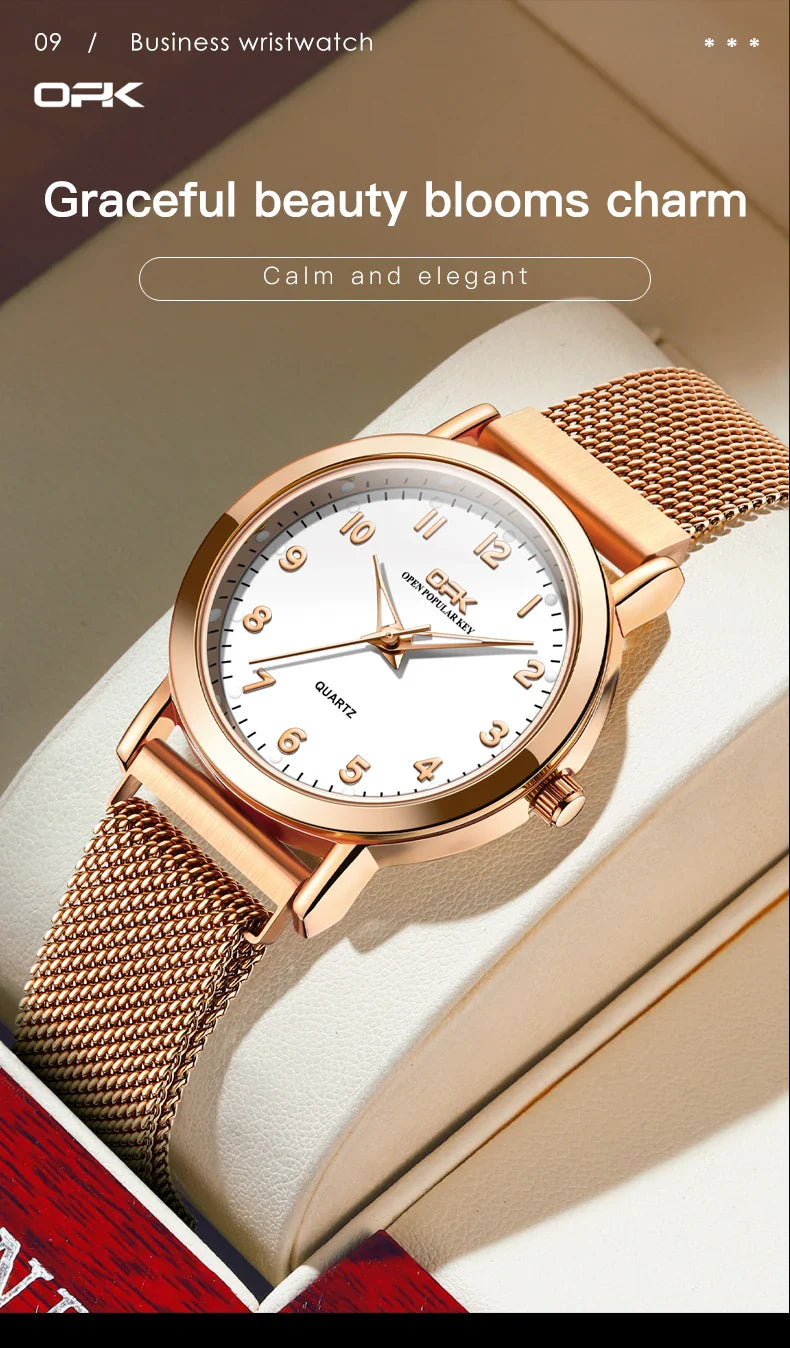 OPK 8115 Women's Watches Simple Fashion Oirginal Wristwatch for Female Stainless Steel Mesh Strap Waterproof Luminous Reloj