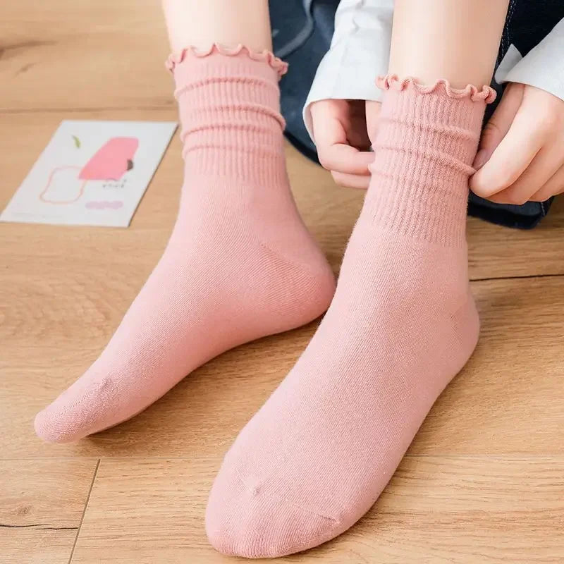 Ruffle Socks Women White Black Frilly Lolita Style Japanese Maiden Cute Kawaii Cotton Harajuku Princess Crew Socks Calcetines