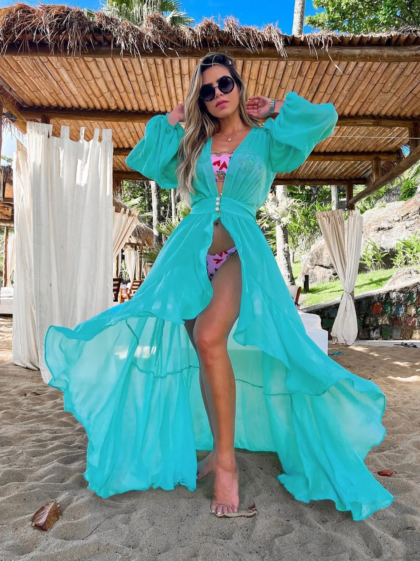 2024 Women Swimsuit Cover Up Sleeve Kaftan Beach Tunic Dress Robe De Plage Solid White Cotton Pareo  High Collar Beachwear