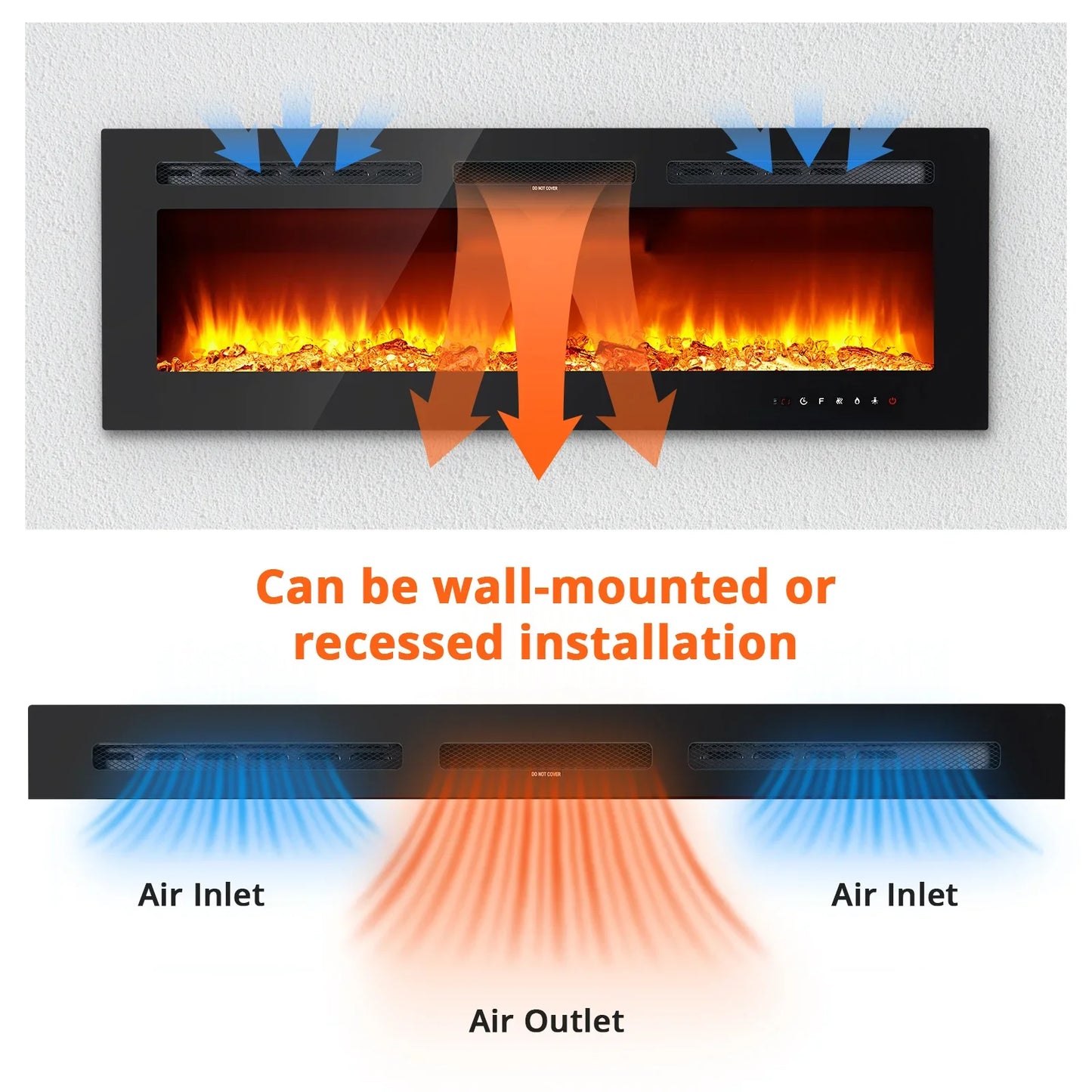 60" Electric Fireplace, 3.85" Ultra-Thin Recessed & Wall Mounted  12 LED Flame Colors