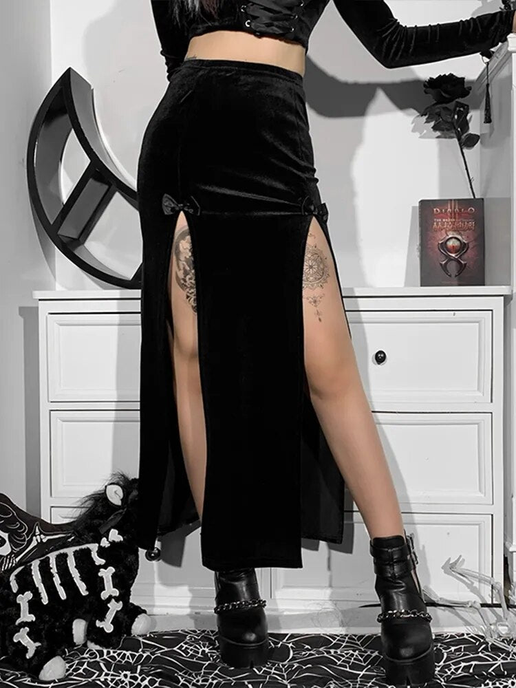 Goth Vintage Black Velvet Split Skirts Aesthetic Sexy High Waist Bow Bodycon Long Skirt Elegant E Punk Partywear Clothes