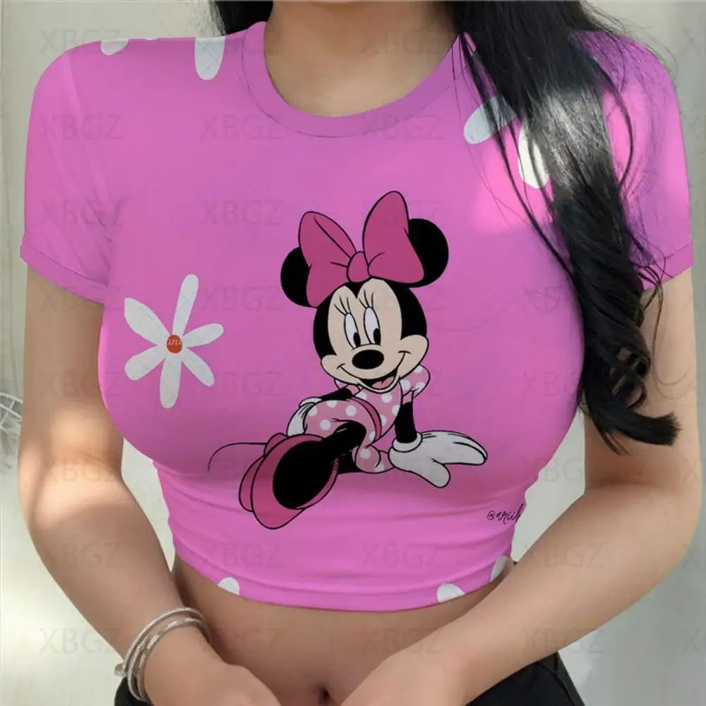 T-shirts Slim Fit Y2k Print Woman Clothes Cartoon Fashion Blouses 2024 Sexy Women's T-shirt Mickey Crop Top Minnie Mouse Disney