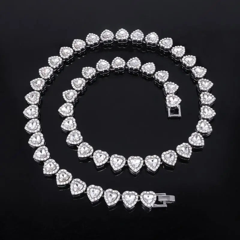 45CM New Hip Hop Tennis Chain Bracelet Necklace Shiny Heart Rhinestone