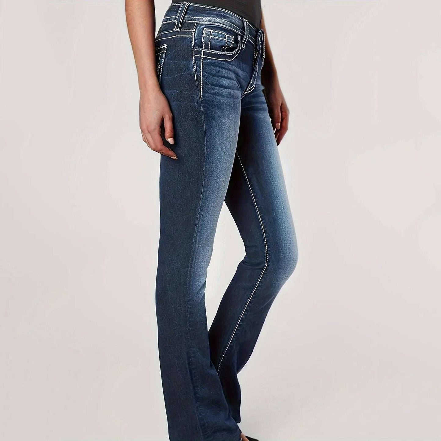 Womens Jeans Mid Waisted Straight Leg Long Pants Stretch Juniors Jeans Washed Back Pocket Embroidered Slim Fit Jeans For Women