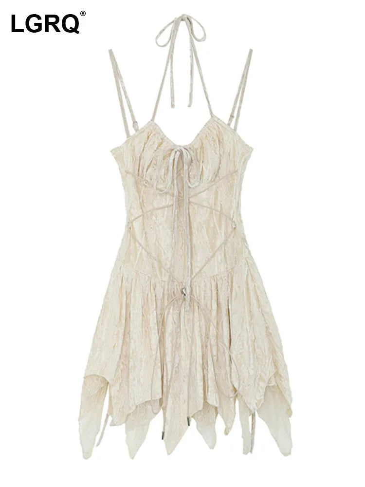 LGRQ Women's  Lace High Quality Slip Dress Niche Design Asymmetric Hem Clothes New Sexy Beach Short Dresses 2024 Summer 19J5641