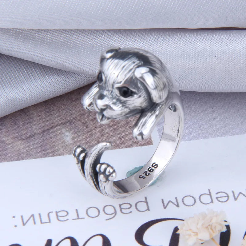 Buyee 925 Sterling Silver Dog Ring Finger for Woman Men Fashion Animal Rock Punk Big Fine Jewelry Circle with Box Gift