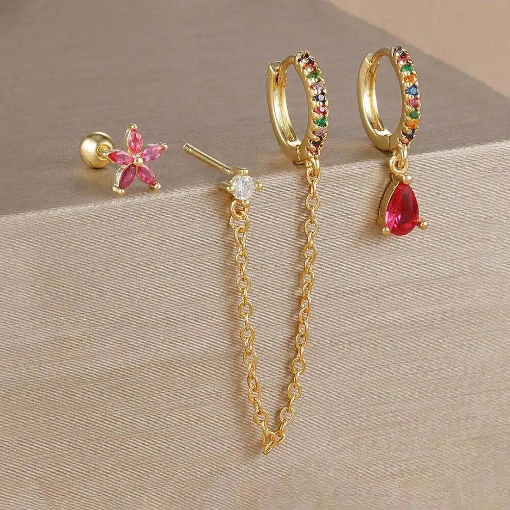 3PCS Set Stainless Steel Crystal CZ Butterfly Ear Stud Earring Gold