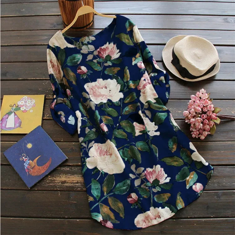2023 New Women Loose Floral Print Dress Ladies Mini Dress Summer Casual Party Dresses Long Sleeve Dress Plus Size