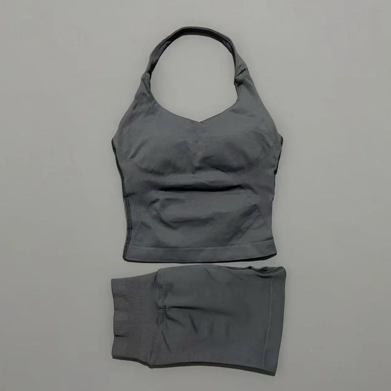 2 Pieces Shorts Yoga Set Women Backless Halter Tops High Waist Seamless Shorts Gym Suit Fitness Sportswear Workout Sets