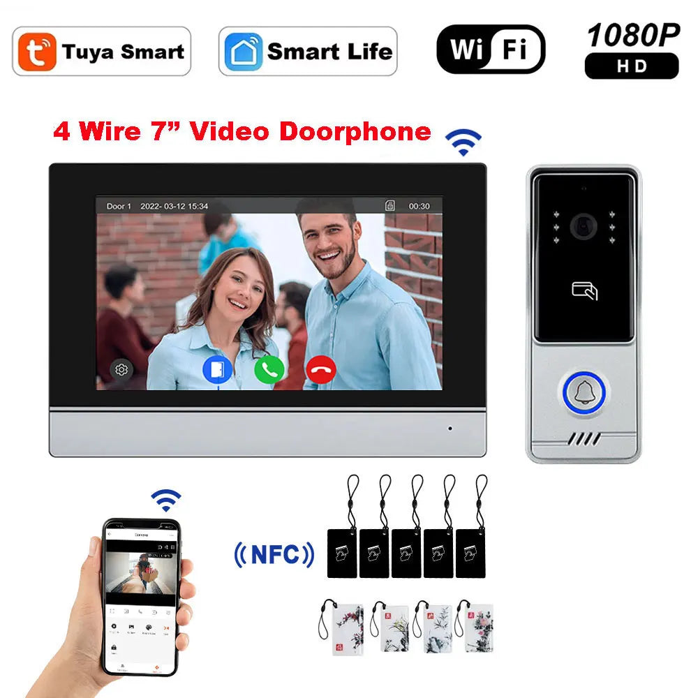 5G WiFi Video Doorbell 7 Inch LCD HD 1080P Camera Tuya Smart 4 Wire Video Doorphone Intercom Security System RFID NFC APP Unlock