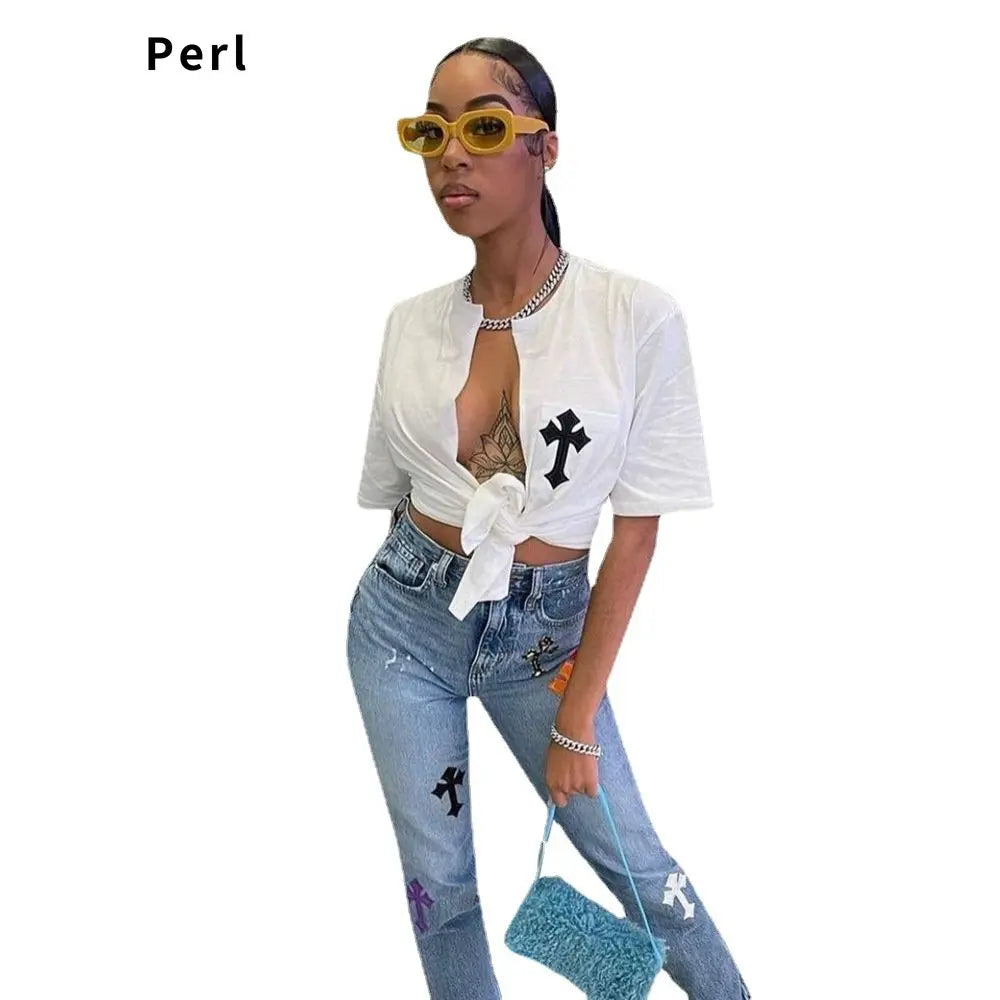 Perl White Cross Hollow Out Shirts for Women Summer Short Sleeve Female Clothes Fashion Christianity Pattern Crop Top Casual Tee