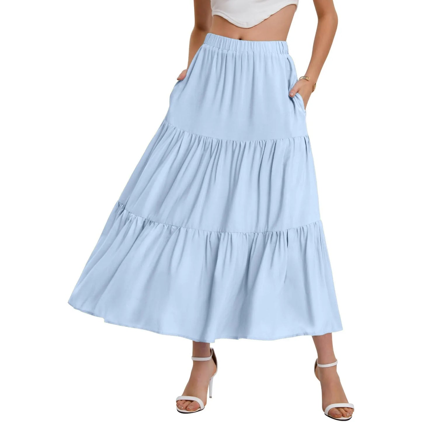 Skirts For Women Summer Bohemian Swing Beach Skirt High Waist A Line Flowy Skirts Pleated Layered Ruffle Hem Flowy A Line Skirt