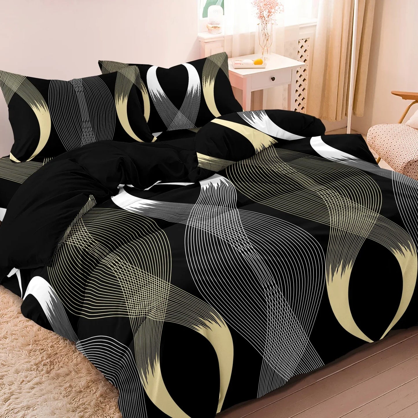 3Pcs Botanical Geometric Lines Floral Design Bedding Set Included 1 Duvet Cover & 2 Pillowcases For All-Season Home Dorm Decor