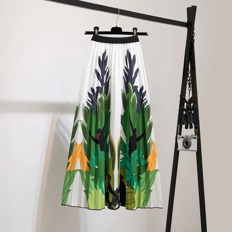 2023 Summer Women Cartoon Print Pleated Skirts A Line High Waisted Elastic Midi Long Skirt Ladies Party Korean Style Dresses
