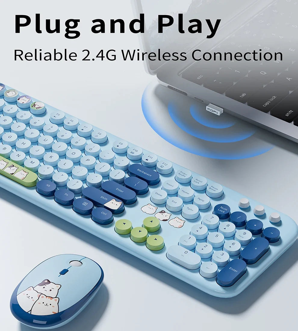 Full Size Wireless Keyboard Mouse Combo 104 Keys Retro Cute Cat Design Plug and Play Keyboard Mouse Set for Windows 7/8/10/XP