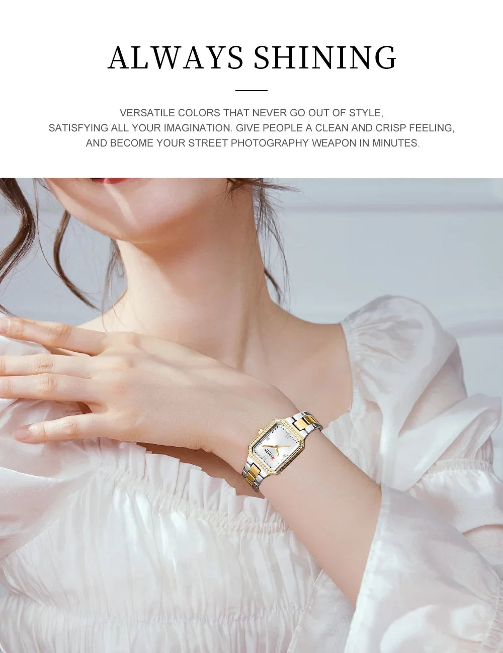CURREN Luxurious Elegant Women's Watches Classic Rectangular Dial with Rhinestones Luminous Hands Waterproof