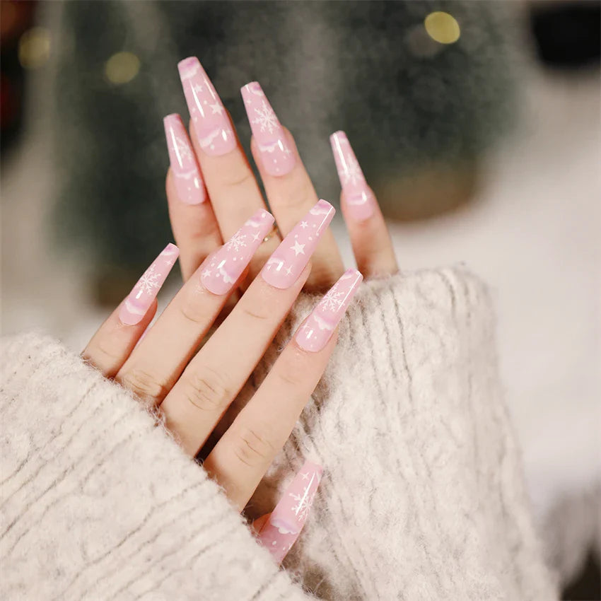 24Pcs/Set American Almond Christmas Wearing False Nails Full Coverage Press on Nails Removable Adhesive Acrylic Fake Nails Tips
