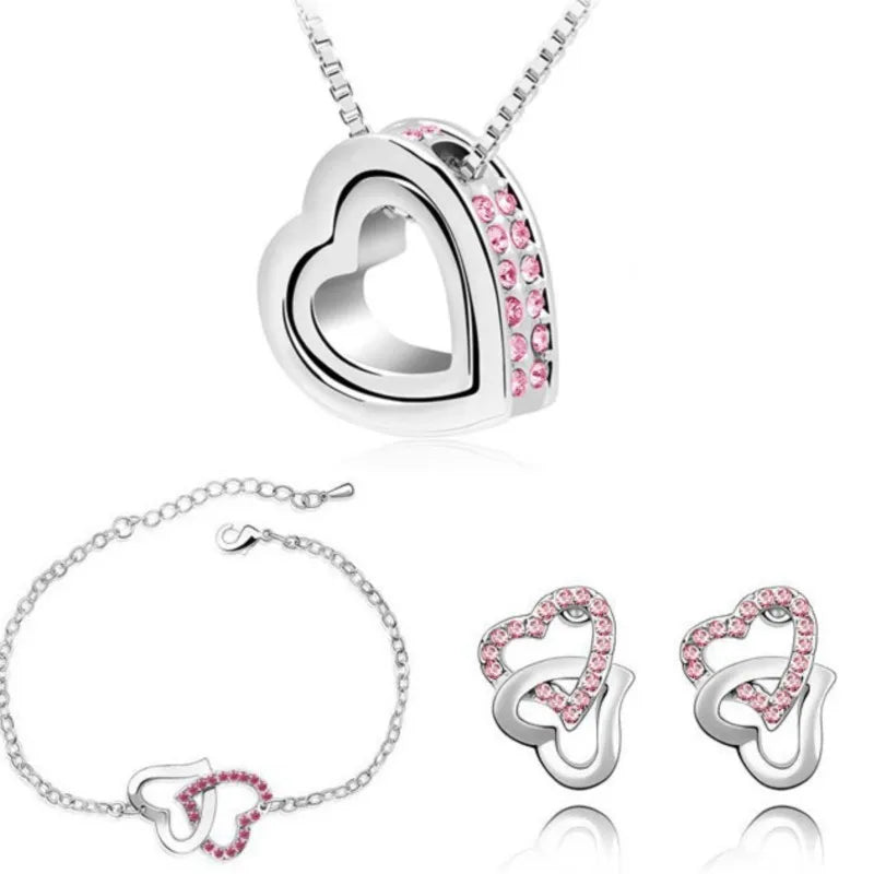 Double Heart pendant necklace earrings bracelets fashion Jewelry sets charm lover quality AAAA+ rhinestones wedding girl summer