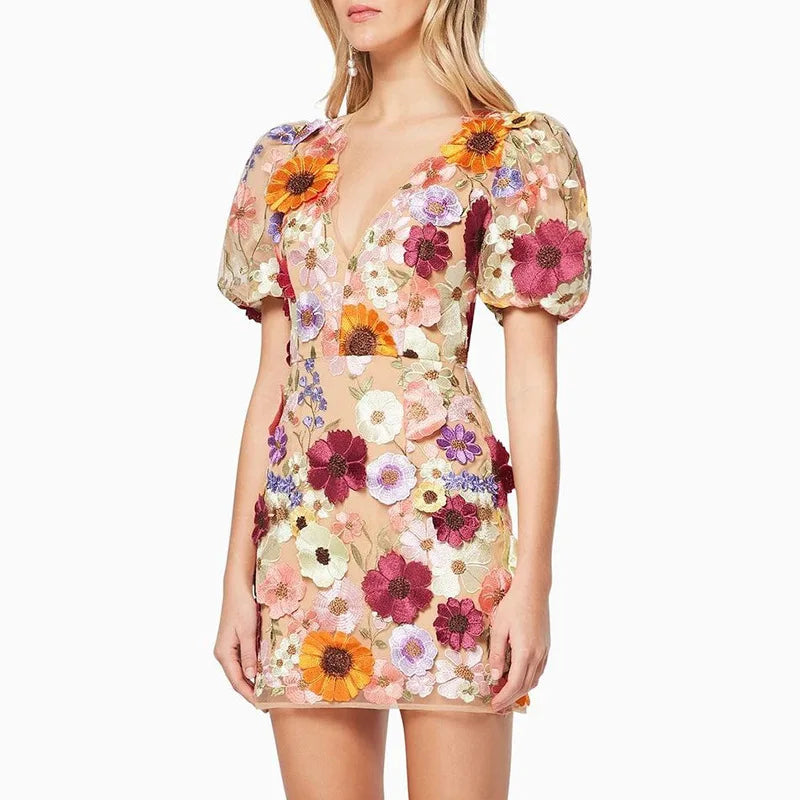 V-neck three-dimensional flower wrap buttocks lantern sleeve dress sexy embroidered dresses lady elegant splicing heavy industry