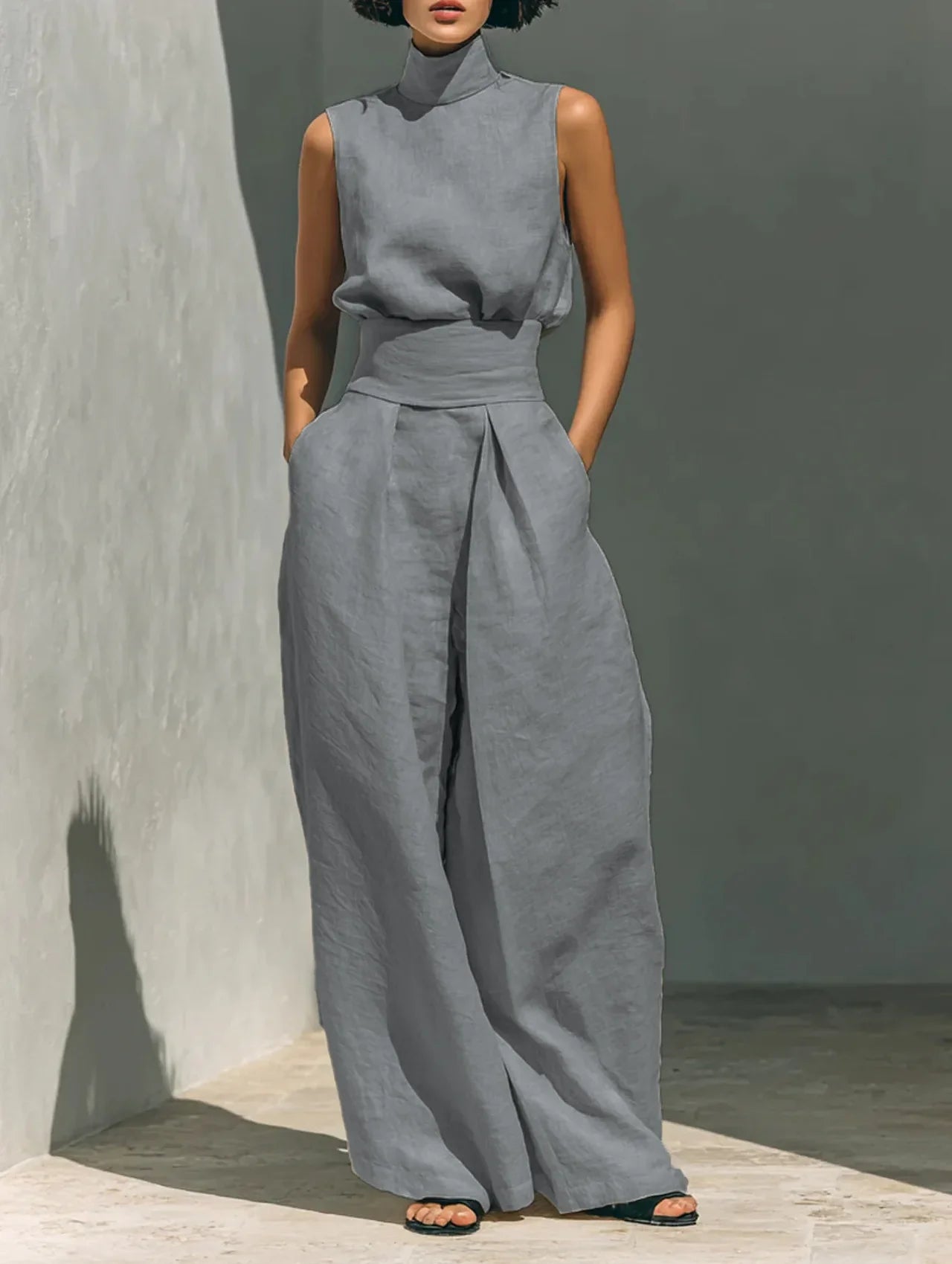 casual Solid Cotton Linen two-piece set for Women Sleeveless Turtleneck Top +High Waist Pants Set New Summer Button Loose Outfit