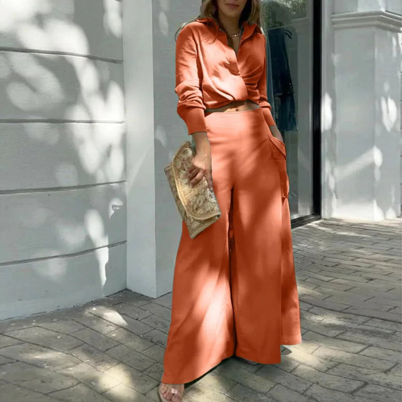 Women's Elegant Pants Sets Solid Long Sleeve Crop Shirt & High Waist Pants Two Piece Set Casual Work Suit Female V-Neck Top