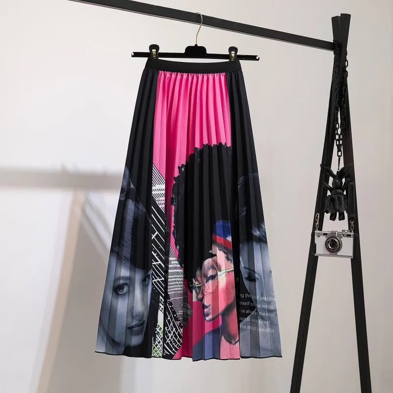 2023 Summer Women Cartoon Print Pleated Skirts A Line High Waisted Elastic Midi Long Skirt Ladies Party Korean Style Dresses