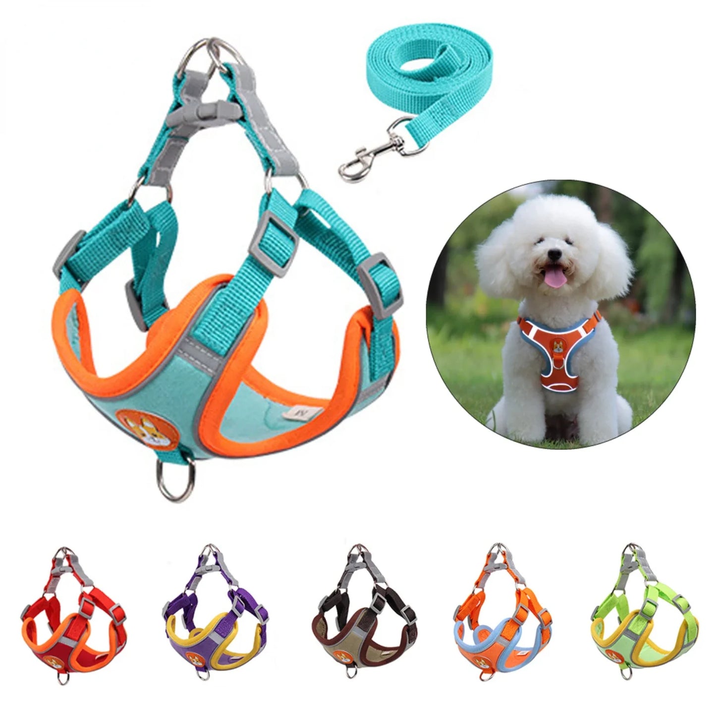 Dog Harness with 1.5m Traction Leash Set  Pull Dog Vest Strap Adjustable Reflective Breathable Harness  Dogs Puppy and Cats Flea