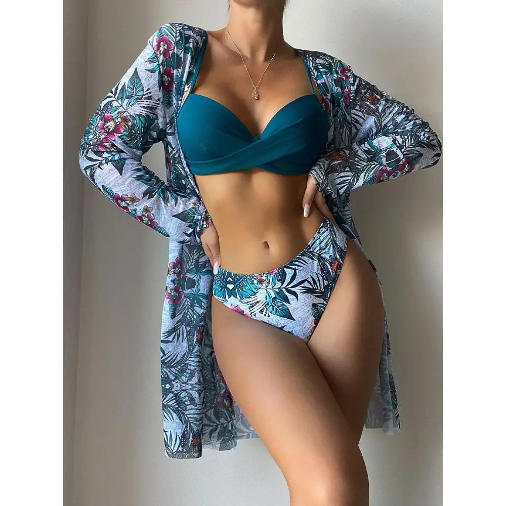 Three Pieces Bikini Set Cover Up Women New Push Up Twist Swimsuit Print Long Sleeve Swimwear Biquini Bathing Suit Summer