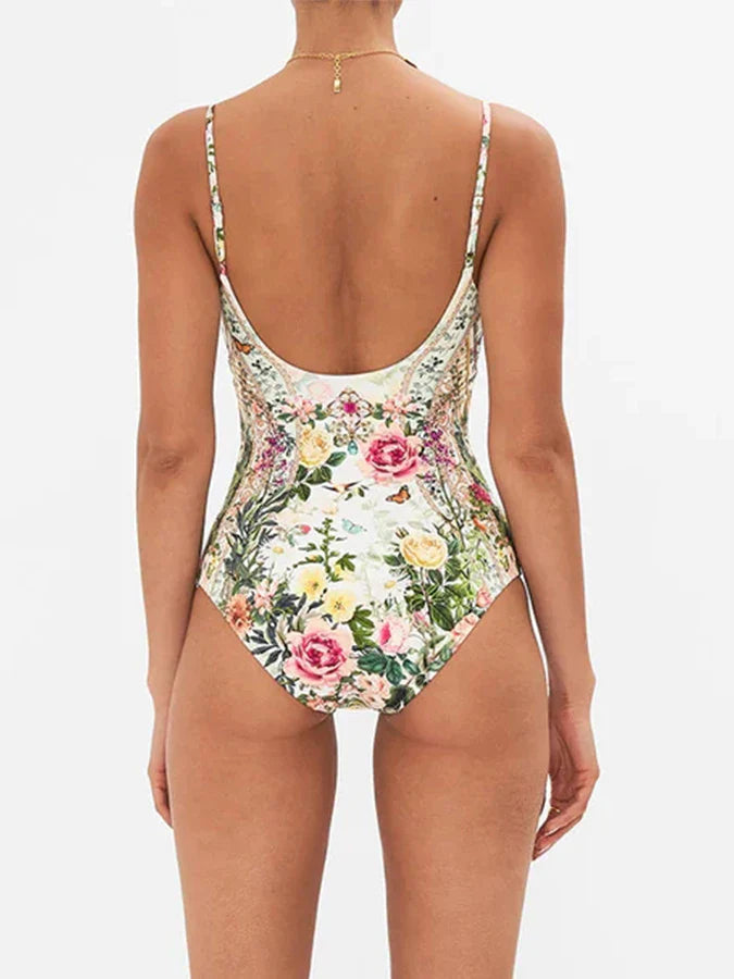 Fashion Floral Print Vintage Elegant Oil Print One Piece Women's Bikini Swimsuit U Neck Backless With Long Cover Up 2024 Summer
