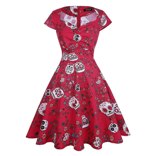 OTEN Halloween Summer skater dress elegant Vintage Red Sugar Skulls Flower print 50s rockabilly Evening Party Plus size Dresses
