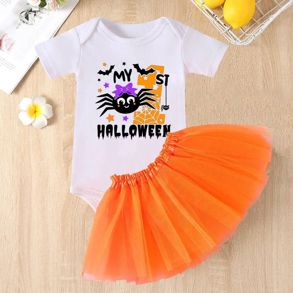 My 1st Halloween Print Baby Bodysuit Dress Set Halloween Party Girl Outfit Dresses Tutu Cake Smash Outfit Infant Baptism Clothes