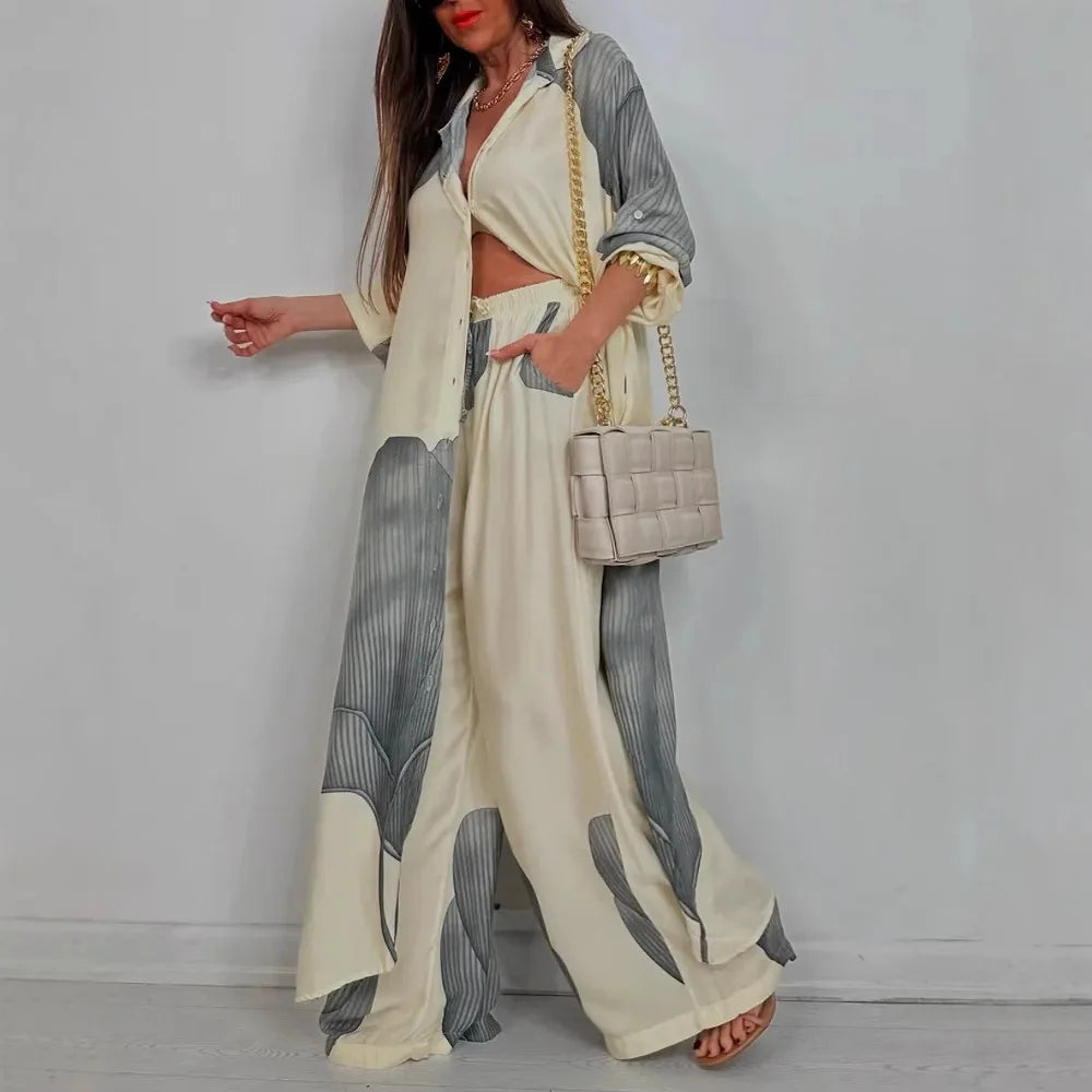 Elegant Lady Set Printed Long Shirt Top Wide Leg Pants 2-piece Outfit Casual Loose Oversized Women Sets Casual Two-piece Outfit